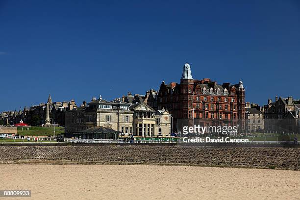 View of the Royal and Ancient Golf Club of St Andrews Clubhouse, the town and the Old Course from the West Sands on July 2, 2009 in St Andrews,...