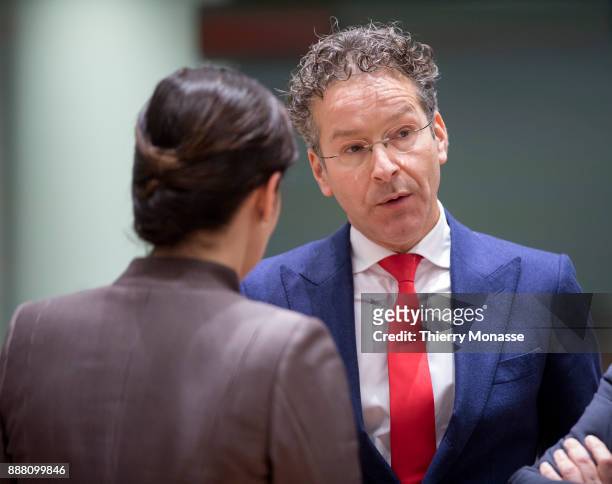 Dutch Minister of Finance, President of the Council Jeroen Dijsselbloem is talking with the Latvian Finance Minister Dana Reizniece-Ozola prior an...