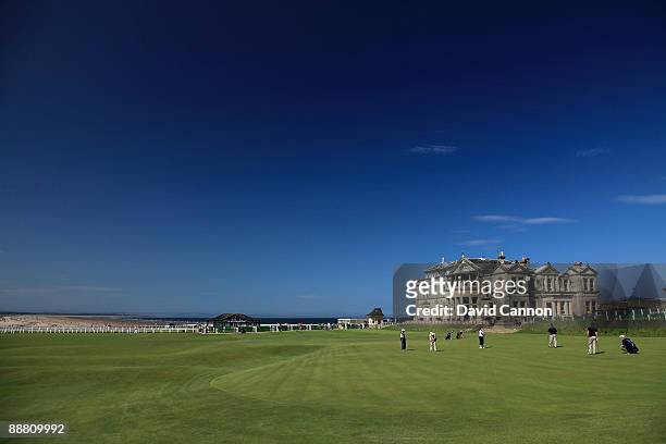 The Royal and Ancient Golf Club of St Andrews Clubhouse and the green on the par 4, 18th hole on the Old Course on July 2, 2009 in St Andrews,...
