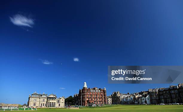 The Royal and Ancient Golf Club of St Andrews Clubhouse with the 1st tee and the par 4, 18th hole on the Old Course on July 2, 2009 in St Andrews,...