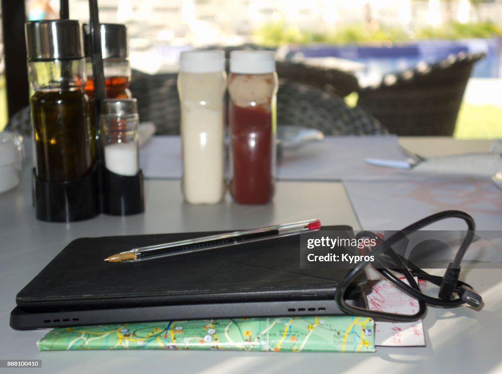 Europe, Greece, Cyprus, Limassol Area, 2017: View Of Tablet Computer In Use At Greek Restaurant