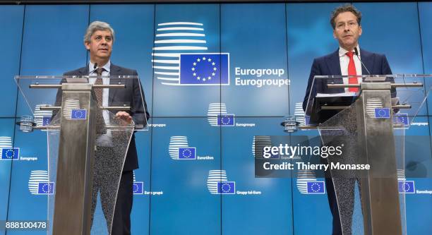 Portuguese Finance Minister Mario Centeno and the Dutch Minister of Finance, President of the Council Jeroen Dijsselbloem are talking to media after...