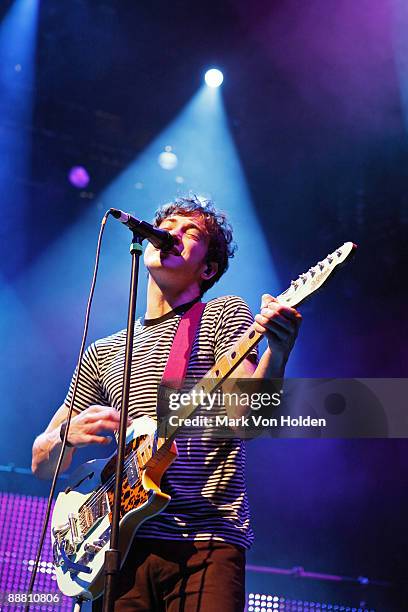 Andrew VanWyngarden of MGMT performs in concert at Prospect Park Bandshell on July 1, 2009 in the Borough of Brooklyn in New York City.