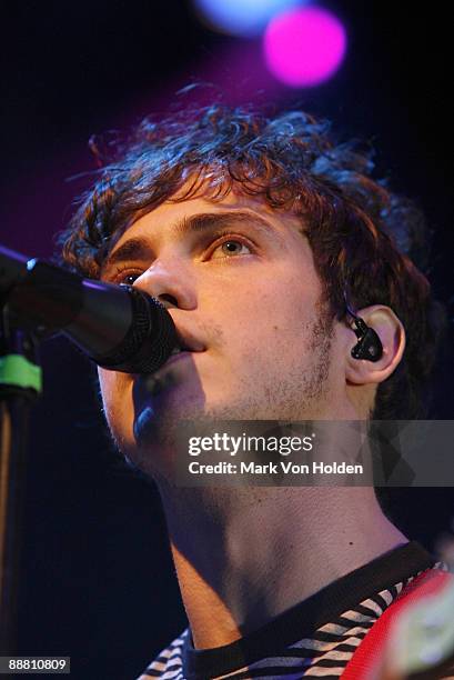 Andrew VanWyngarden of MGMT performs in concert at Prospect Park Bandshell on July 1, 2009 in the Borough of Brooklyn in New York City.