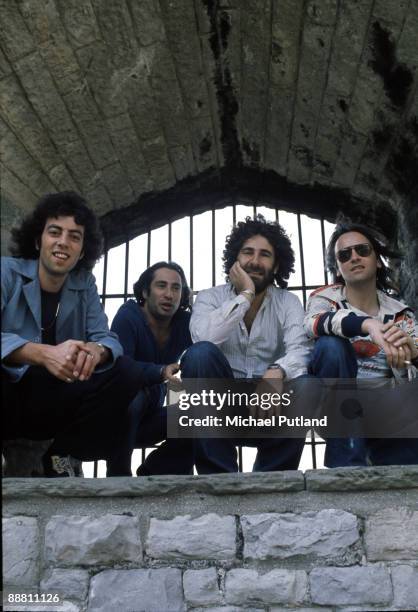 English pop group 10cc at Cardiff Castle for an open air concert at which they top the bill, Cardiff, Wales, 12th July 1975. Left to right: Graham...