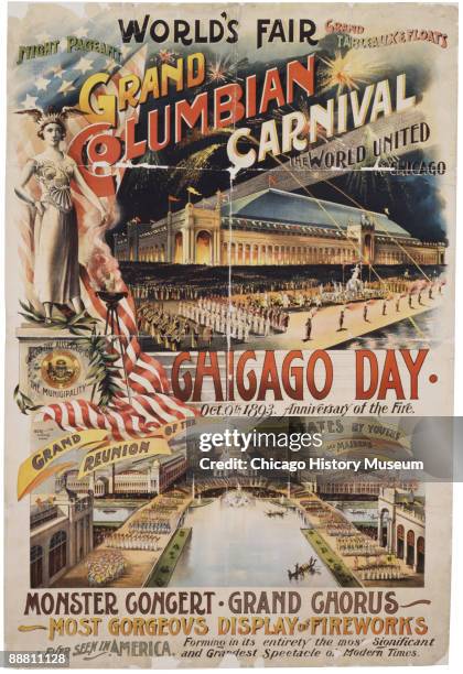 Color poster for the Chicago World's Fair, or the World's Columbian Exposition of 1893, proclaiming Chicago Day on October 9th the anniversary of the...