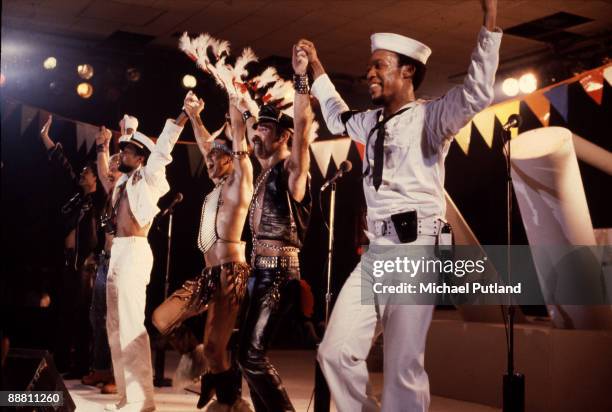American disco group Village People performing in Florida, March 1979. Left to right: Randy Jones, David Hodo, Victor Willis, Felipe Rose, Glenn...