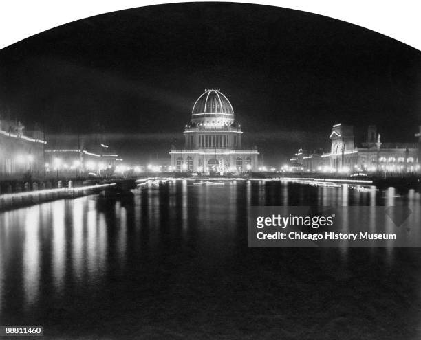 Luminous view of the Administration Building at night, from the Chicago World's Columbian Exposition or Chicago World's Fair, 1893.