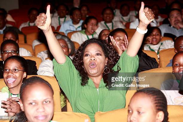 Oprah Winfrey sits with the learners in the auditorium of the Oprah Winfrey Leadership Academy for Girls on June 16, 2009 in Henley-on-Klip, South...