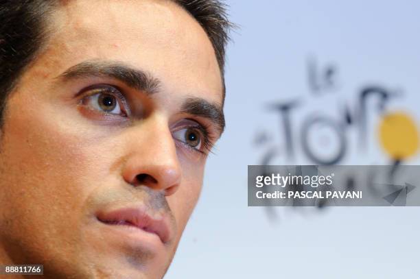 Tour de France winner and Kazakh cycling team Astana 's leader Alberto Contador of Spain attends a press conference on July 3, 2009 in the...