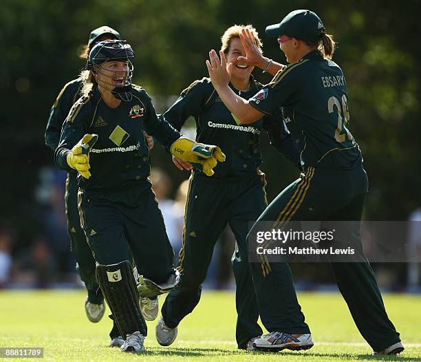 Jodie Fields of Australia celebrates, after stumping Beth Morgan of England during the Women's One Day International match bewteen England and...