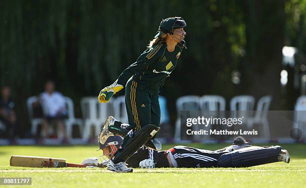 Jodie Fields of Australia celebrates, after stumping Beth Morgan of England during the Women's One Day International match bewteen England and...