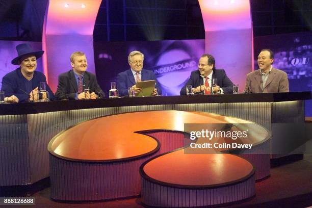 Musician Boy George appears on BBC current affairs TV programme 'Question Time' along with MP Charles Kennedy, host David Dimbleby, Lord Faulkner and...