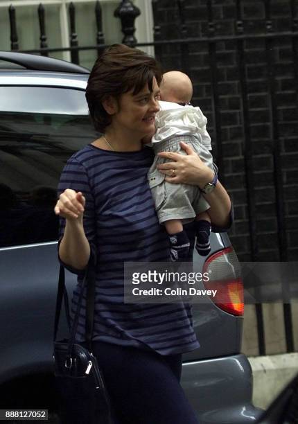 British barrister and lecturer Cherie Blair arrives at 10 Downing Street with 2 month old baby Leo, London, UK, 18th July 2000.