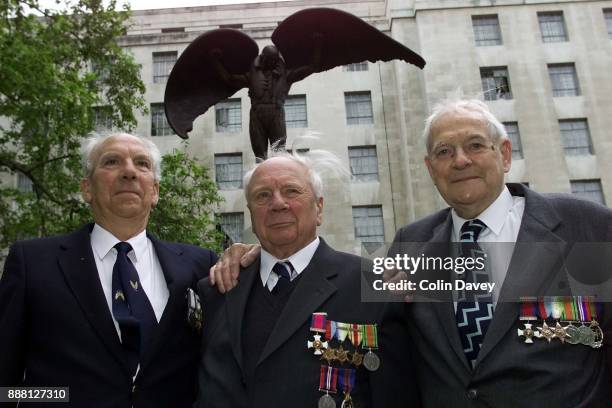 Veteran airmen Don Bunce, Edgar Lee and Pat Kingsmill attend the unveiling of the Fleet Air Arm Memorial, Daedalus, at Embankment Gardens, London,...