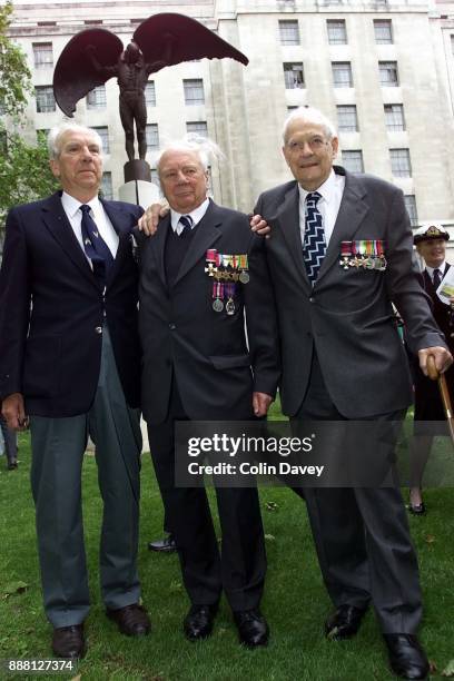 Veteran airmen Don Bunce, Edgar Lee and Pat Kingsmill attend the unveiling of the Fleet Air Arm Memorial, Daedalus, at Embankment Gardens, London,...