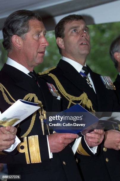 Prince Charles and Prince Andrew attend the unveiling of the Fleet Air Arm Memorial, Daedalus, at Embankment Gardens, London, 1st June 2000.