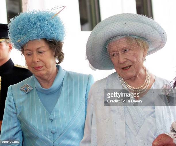 Queen Elizabeth, The Queen Mother, arrives at The Guildhall with Princess Margaret, London, for a lunch to celebrate her 100th Birthday, 27th June...