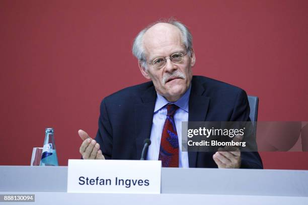 Stefan Ingves, governor of the Sveriges Riksbank and chairman of the Basel Committee, gestures during a Basel III capital rules news conference at...