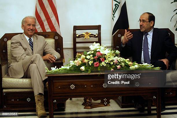 Vice President Joe Biden and Iraqi Prime Minister Nouri al-Maliki meet on July 3, 2009 near Baghdad, Iraq. Bidden's first visit to Iraq as the Vice...