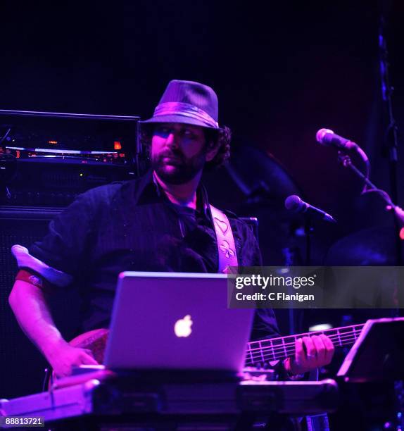 Vocalist/Bassist Marc Brownstein of The Disco Biscuits performs during Day 1 of the 2009 Rothbury Music Festival on July 2, 2009 in Rothbury,...