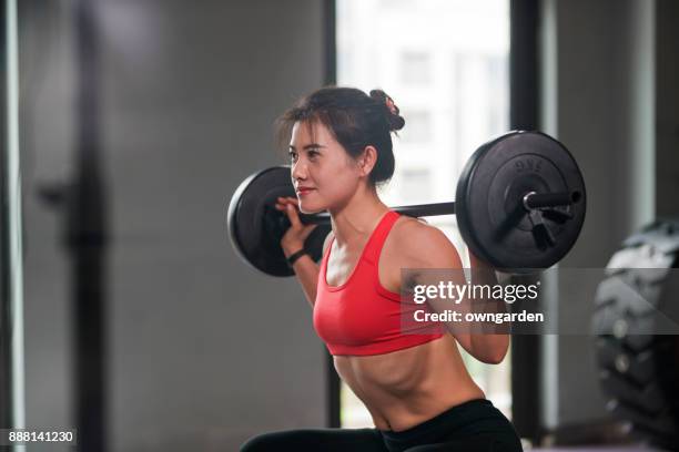 young women doing barbell squats at gym - asian female bodybuilder 個照片及圖片檔