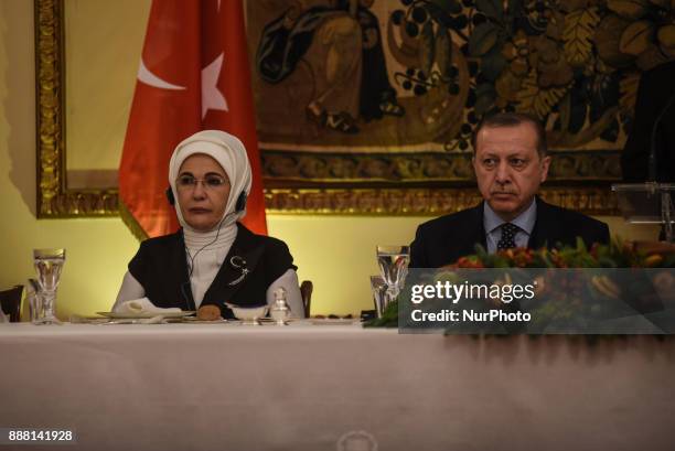 The President of Turkey, Recep Tayyip Erdogan and his wife Emine Erdogan at an official dinner in Athens on December 7 during a two day visit to...