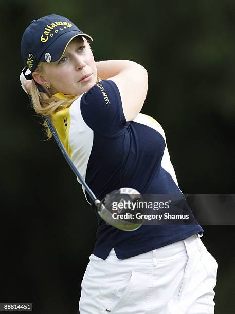 Morgan Pressel watches her drive on the 18th hole during the second round of the Jamie Farr Owens Corning Classic at Highland Hills Golf Club on July...