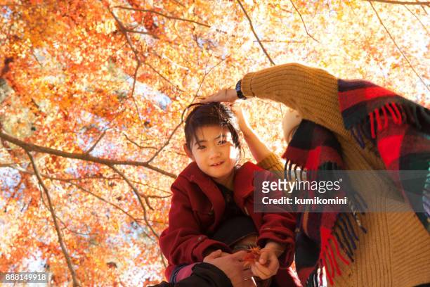 若い家族楽しんで秋付け日本のカエデ木 - 感情表現シリーズ ストックフォトと画像
