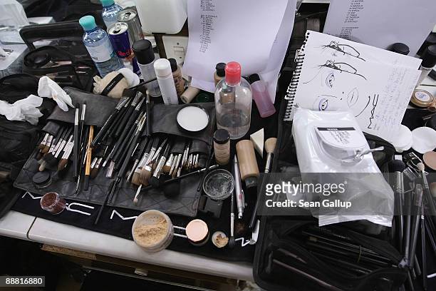 Stylist's kit lies on a counter in the make-up room during preprations before the Michalsky collection presentation at the Mercedes-Benz Fashion Week...