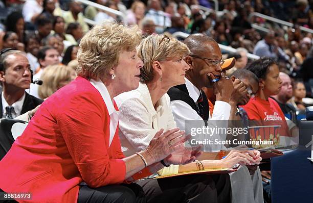 Head coach Marynell Meadors of the Atlanta Dream watches the action next to assistant coaches Carol Ross and Fred Williams during the match against...