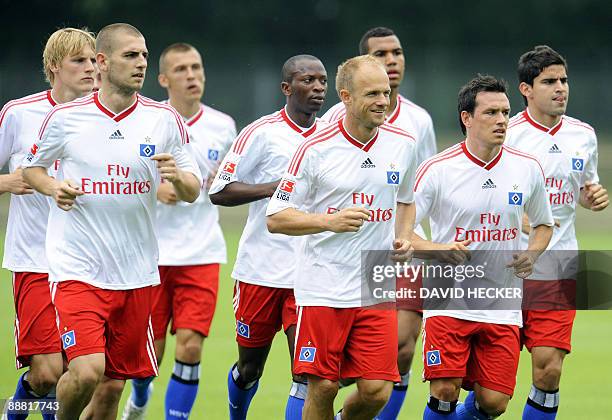 Players of German first division Bundesliga football club Hamburg SV take part in a training session in the northern German city of Hamburg on July...