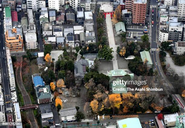 In this aerial image Tomioka Hachimangu Shrine where a murder-suicide incident occurred is seen a day after on December 8, 2017 in Tokyo, Japan. One...