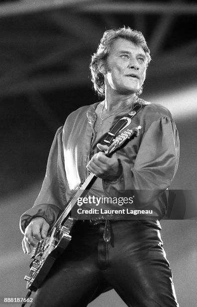 French singer and actor Johnny Hallyday on stage at Parc des Princes stadium.