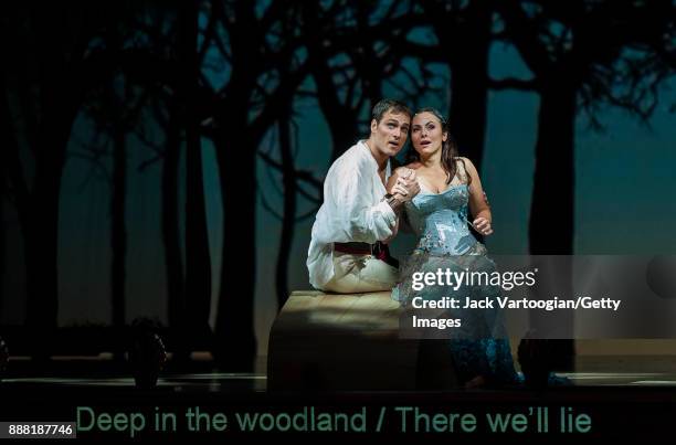 American tenor Alek Shrader and American mezzo-soprano Isabel Leonard perform at the final dress rehearsal prior to the premiere of the Metropolitan...