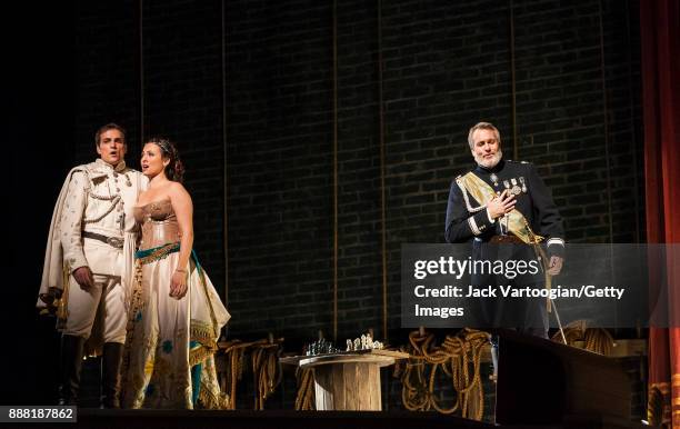 From left, American tenor Alek Shrader , mezzo-soprano Isabel Leonard , and tenor William Burden perform at the final dress rehearsal prior to the...