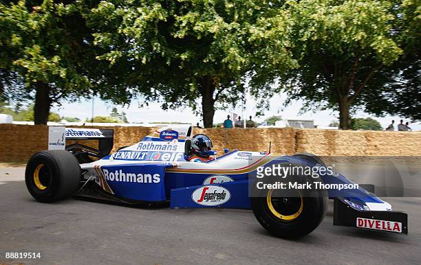 Adrian Newey of Great Britain and chief technical officer of Red Bull Racing drives the Williams FW16 during day two of The Goodwood Festival of...