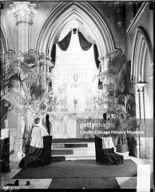 View of the altar inside the Holy Name Cathedral, located at 735 North State Street in the Near North Side community area of Chicago, Illinois, 1929....