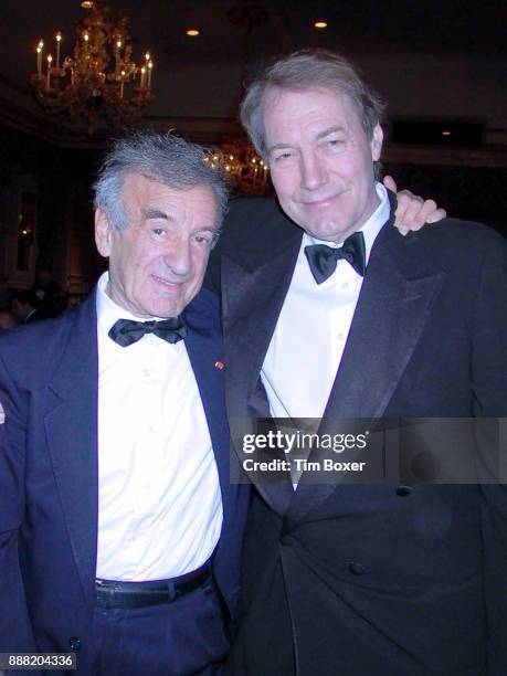 Portrait of Romanian-born American Nobel Laureate, author, and activist Elie Wiesel and television host Charlie Rose as they pose together at...