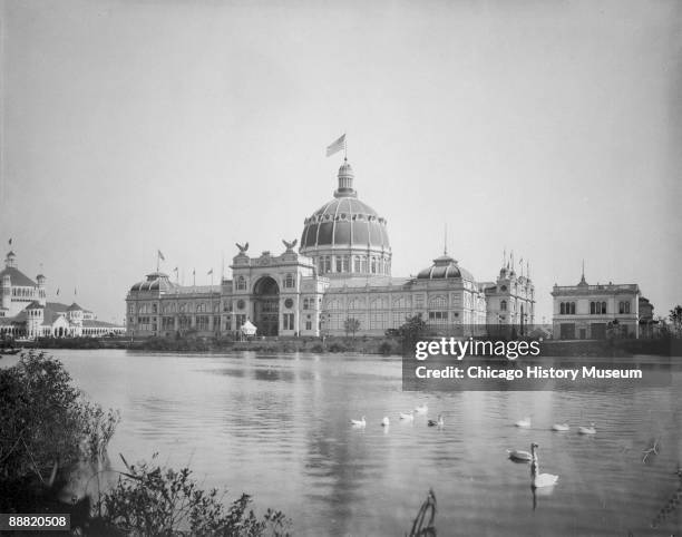 View of the Government Building, from the Wooded Island, during Chicago's World's Columbian Exposition or World's Fair, 1893.