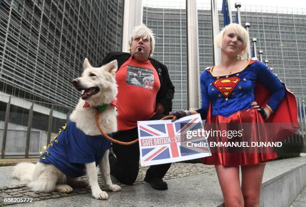 Impersonator of British Foreign Minister Boris Johnson and anti-Brexit activist Drew Galdron and British cartoonist and anti-Brexit activist...