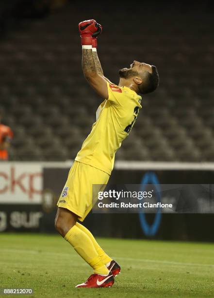 Adelaide United goalkeeper Paul Izzo celebrates after Adelaide United defeated the Victory during the round 10 A-League match between the Melbourne...