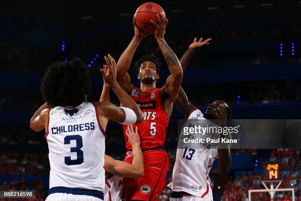 Jean-Pierre Tokoto of the Wildcats puts a shot up during the round nine NBL match between the Perth Wildcats and the Adelaide 36ers at Perth Arena on...