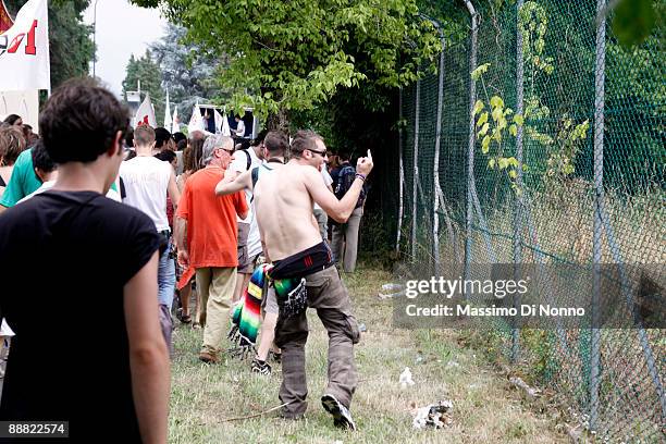 People protest against the enlargement of Ederle US military base at the Dal Molin civil airport on July 4, 2009 in Vicenza, Italy. The new military...