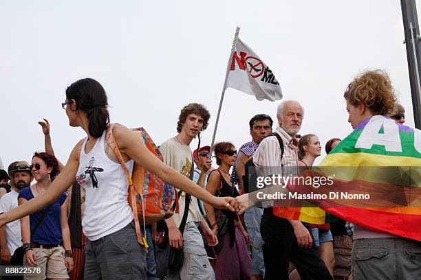 People protest against the enlargement of Ederle US military base at the Dal Molin civil airport on July 4, 2009 in Vicenza, Italy. The new military...