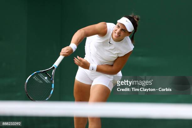 Ana Konjuh of Croatia in action in the Ladies' Doubles with partner Beatriz Haddad Maia of Brazil during the Wimbledon Lawn Tennis Championships at...