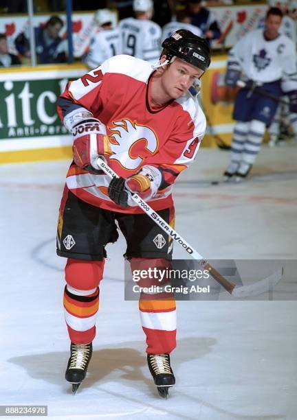 Michael Nylander of the Calgary Flames skates the Toronto Maple Leafs during NHL game action on March 9, 1996 at Maple Leaf Gardens in Toronto,...