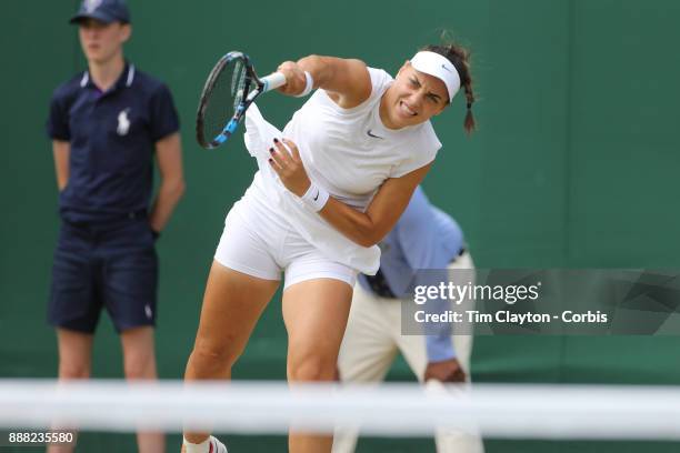 Ana Konjuh of Croatia in action in the Ladies' Doubles with partner Beatriz Haddad Maia of Brazil during the Wimbledon Lawn Tennis Championships at...