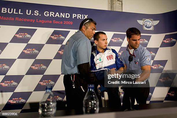 Jorge Lorenzo of Spain and Fiat Yamaha Team with sling for the shoulder after his crashed during the press conference for MotoGP World Championship...