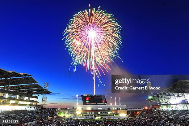 Fireworks explode over the stadium after the game between the Chicago Fire and the Colorado Rapids on July 4, 2009 at Dicks Sporting Goods Park in...